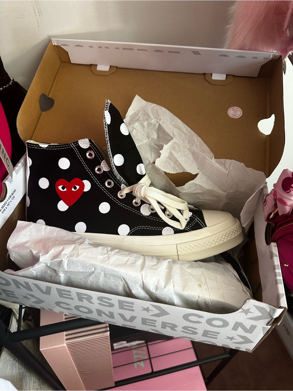 Comme des Garcons Black and White Polka Dot High-Top Sneakers with Red Heart